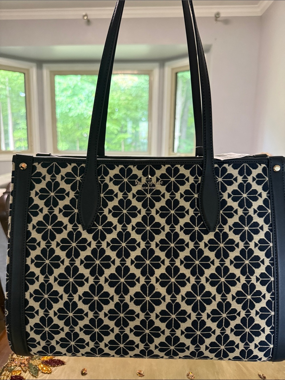 kate spade navy & cream floral jacquard tote
